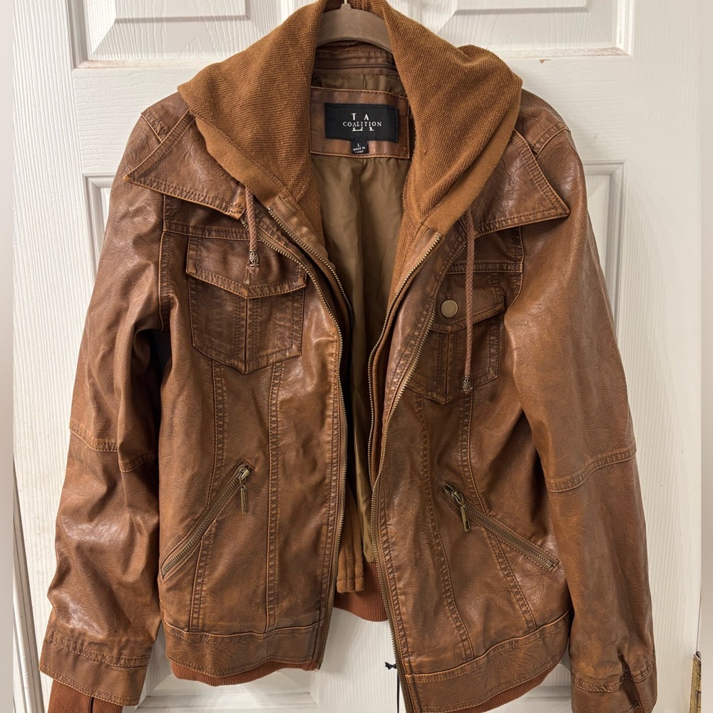 Coution Women’s Tan Brown Leather-Look Hooded Jacket